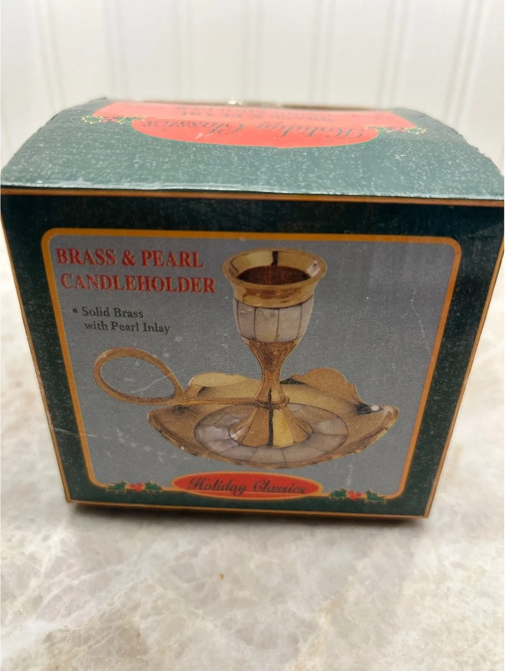 Vintage Brass & Pearl Inlay Chamberstick Candle Holder with Original Box